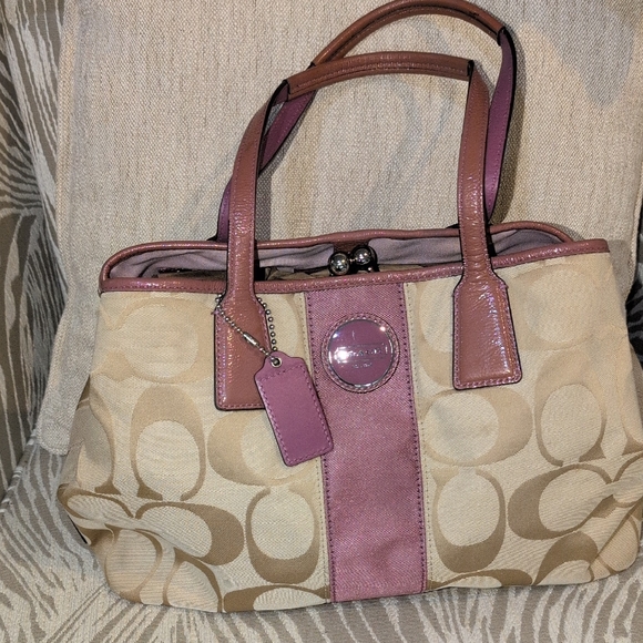 Coach  Cream and Purple Women's *Kisslock  Handbag With Callouts - Picture 1 of 15